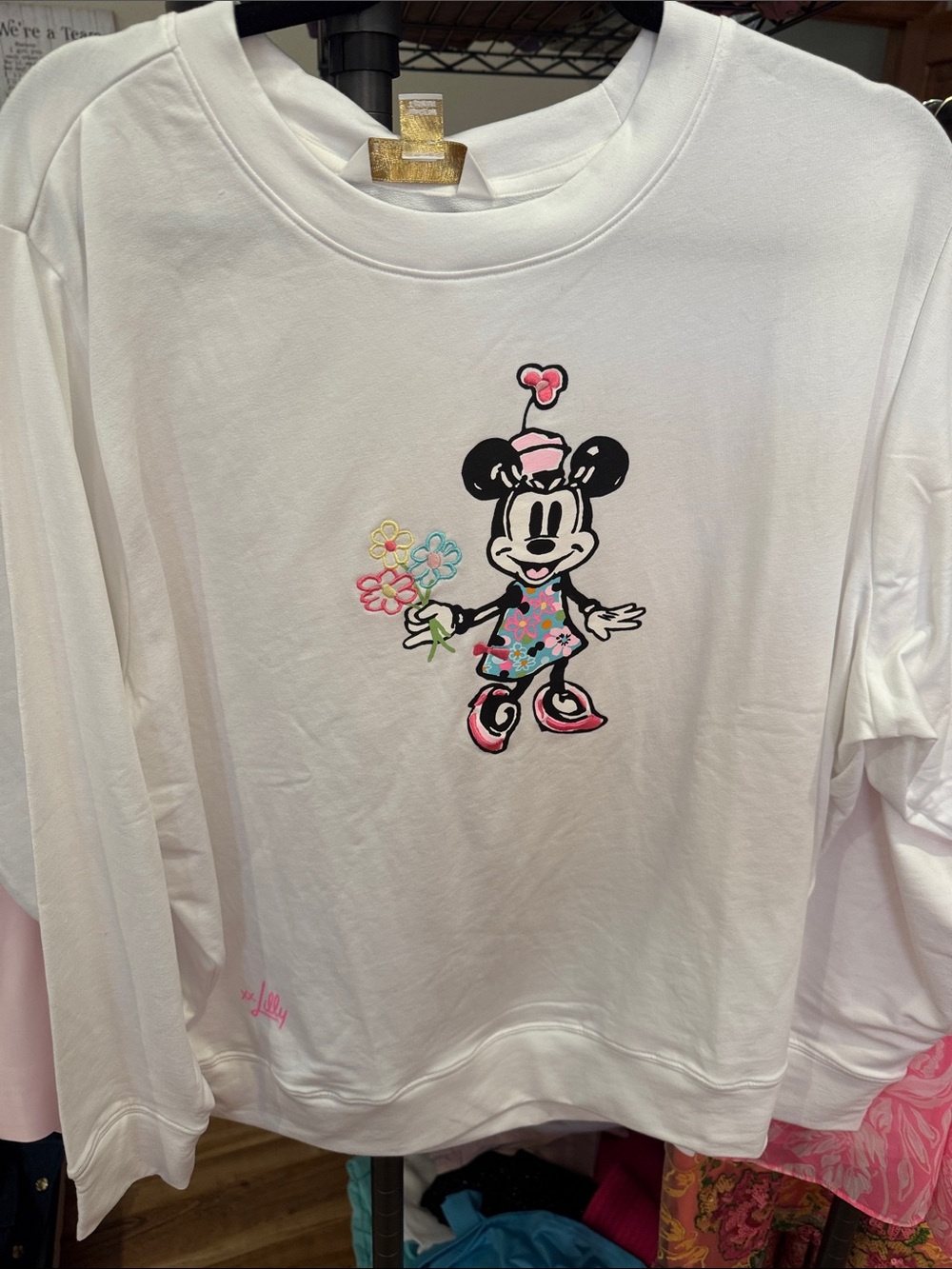 Lilly Pulitzer White Sweatshirt with Pink and Multicolor Minnie Graphic